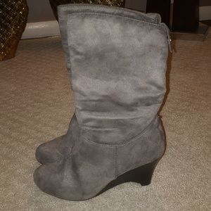 Gray suede wedge booties